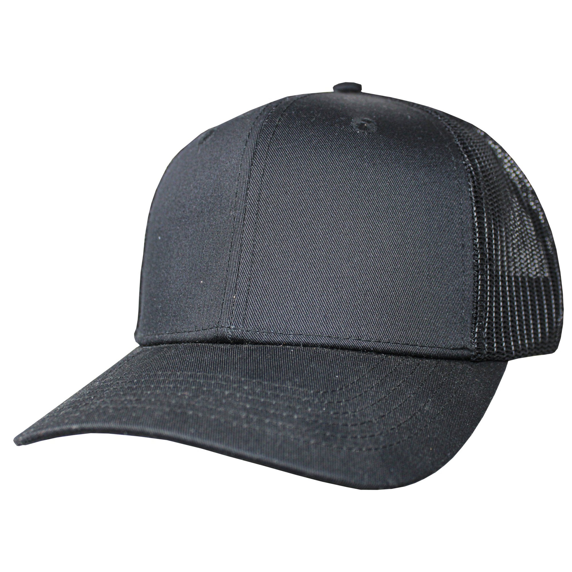 Blank Headwear - BC23 / 6 Panel Performance Trucker Cap - Black/Black - Black Cat MFG - Hat