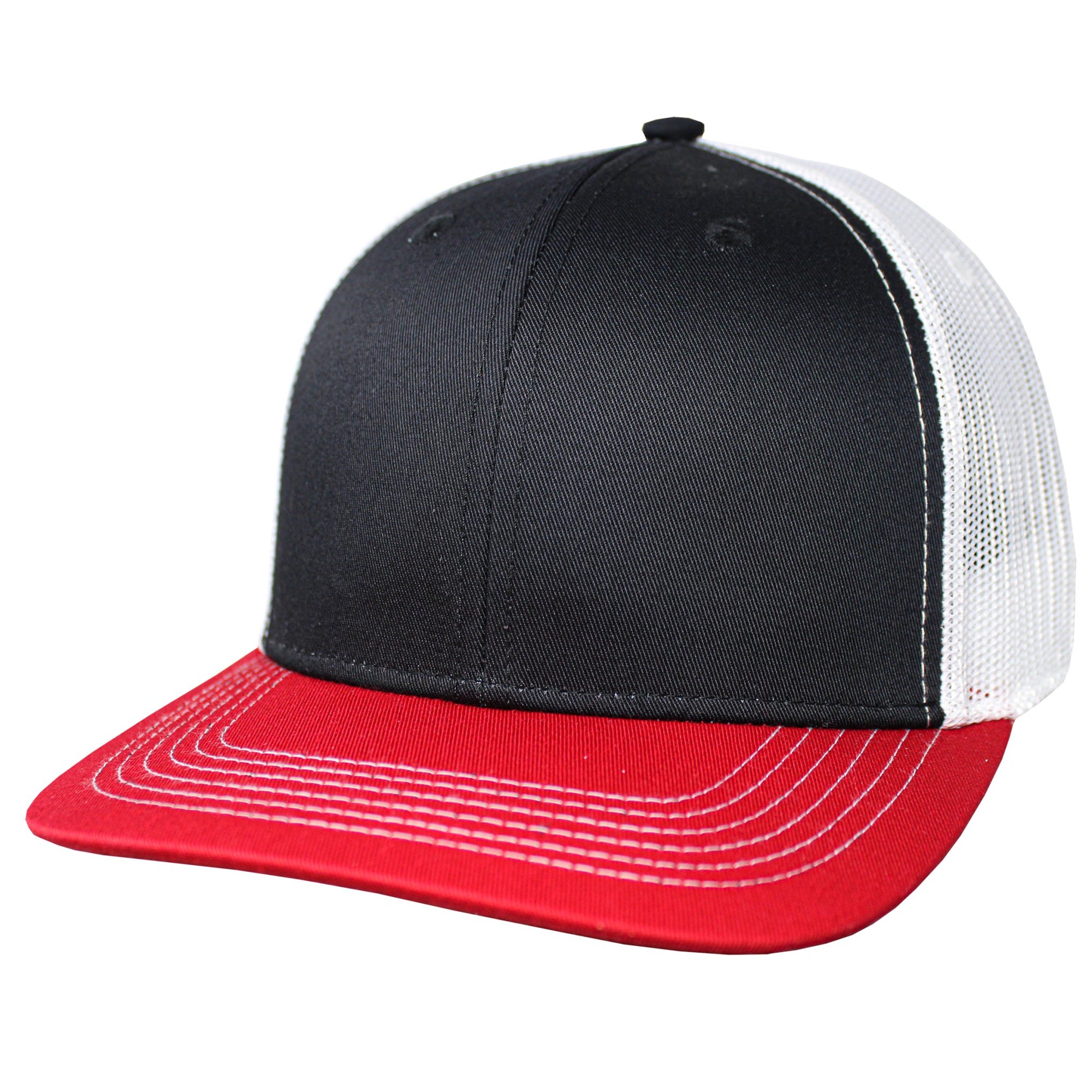 Blank Headwear - BC23 / 6 Panel Performance Trucker Cap - Black/White/Red - Black Cat MFG - Hat