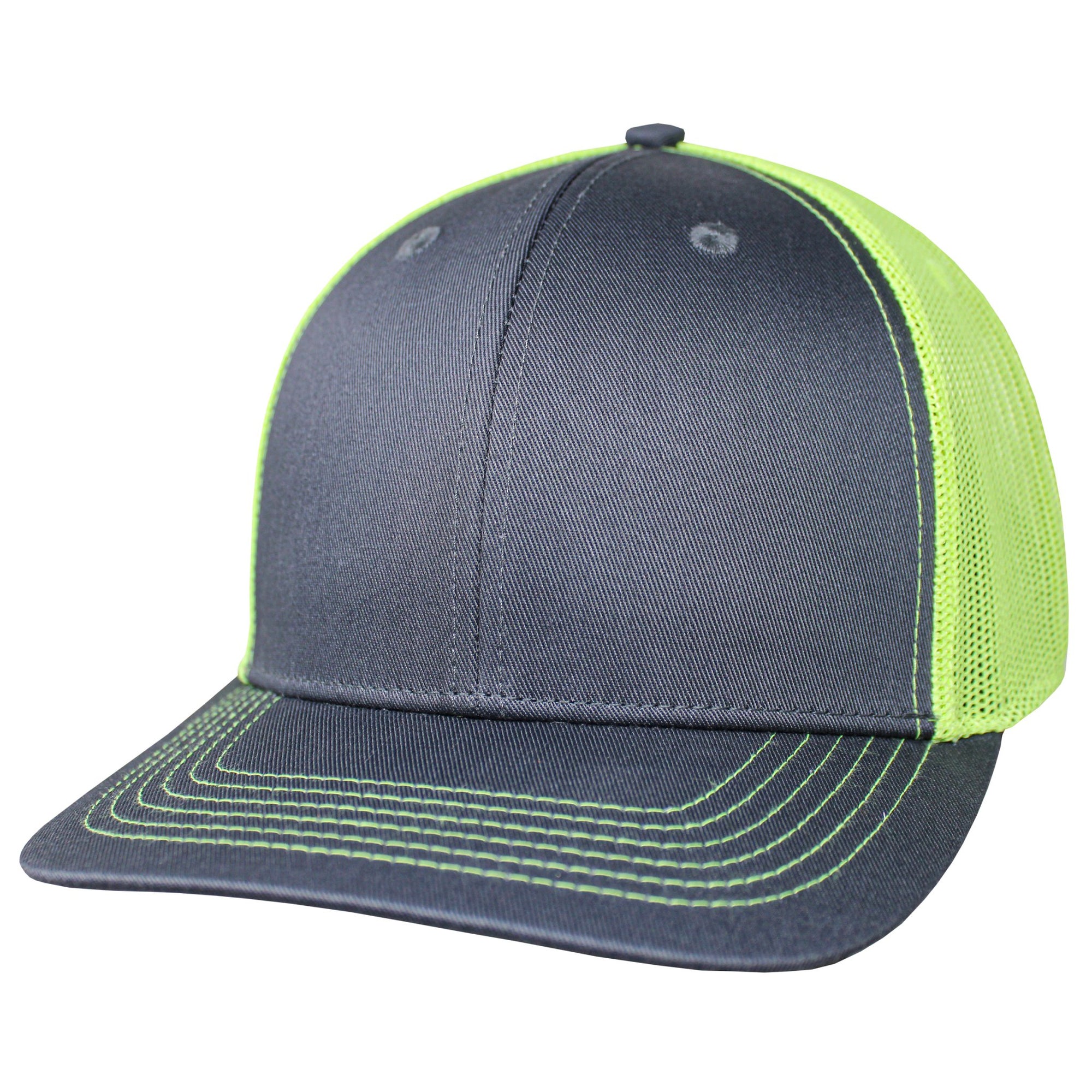 Blank Headwear - BC23 / 6 Panel Performance Trucker Cap - Dark Gray / Neon Green - Black Cat MFG - Hat