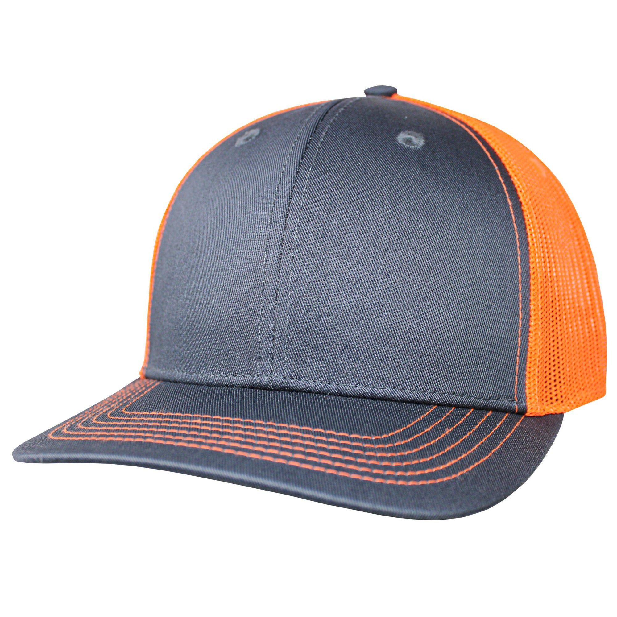 Blank Headwear - BC23 / 6 Panel Performance Trucker Cap - Dark Gray / Neon Orange - Black Cat MFG - Hat