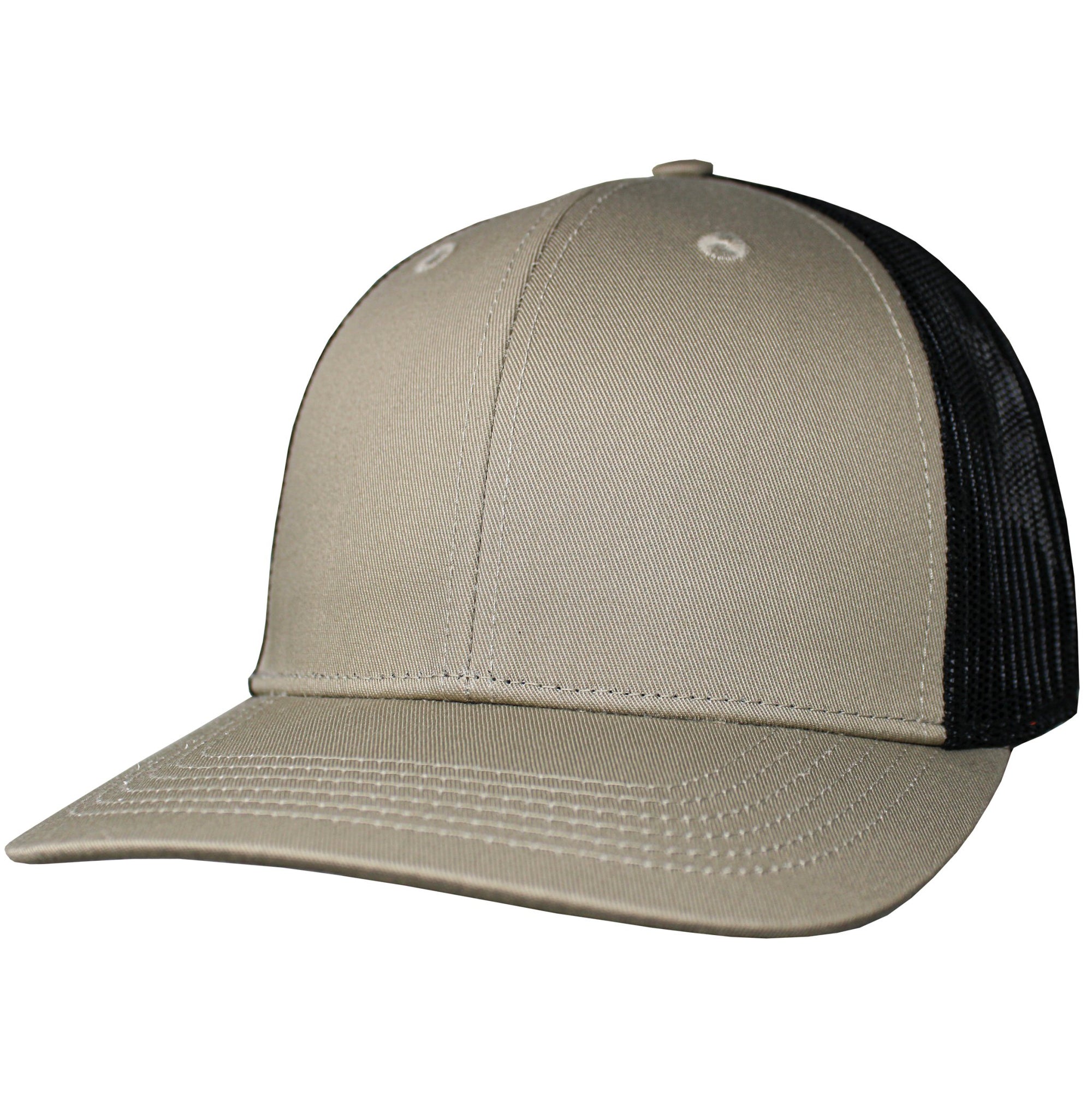 Blank Headwear - BC23 / 6 Panel Performance Trucker Cap - Khaki / Black - Black Cat MFG - Hat