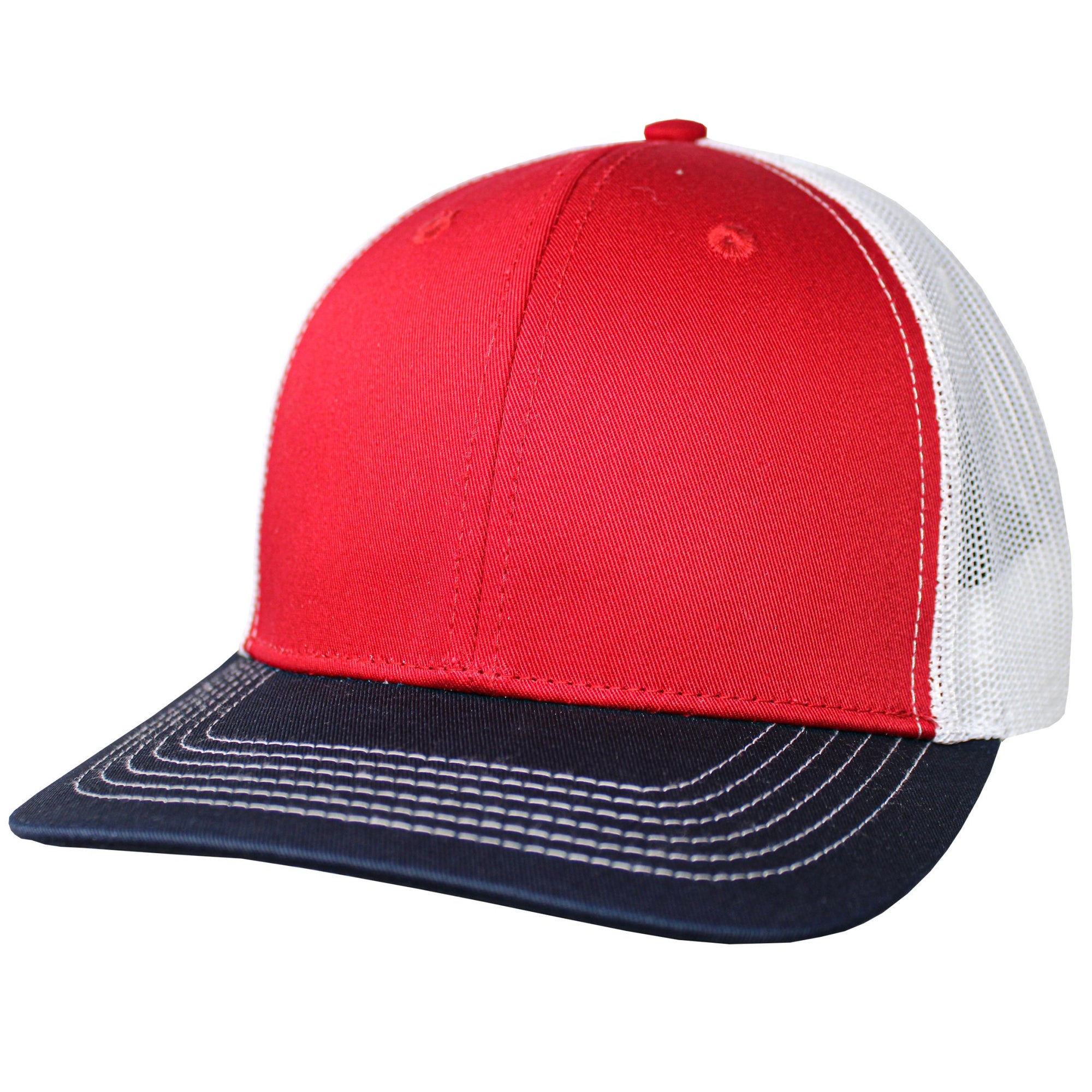 Blank Headwear - BC23 / 6 Panel Performance Trucker Cap - Red / White / Navy - Black Cat MFG - Hat