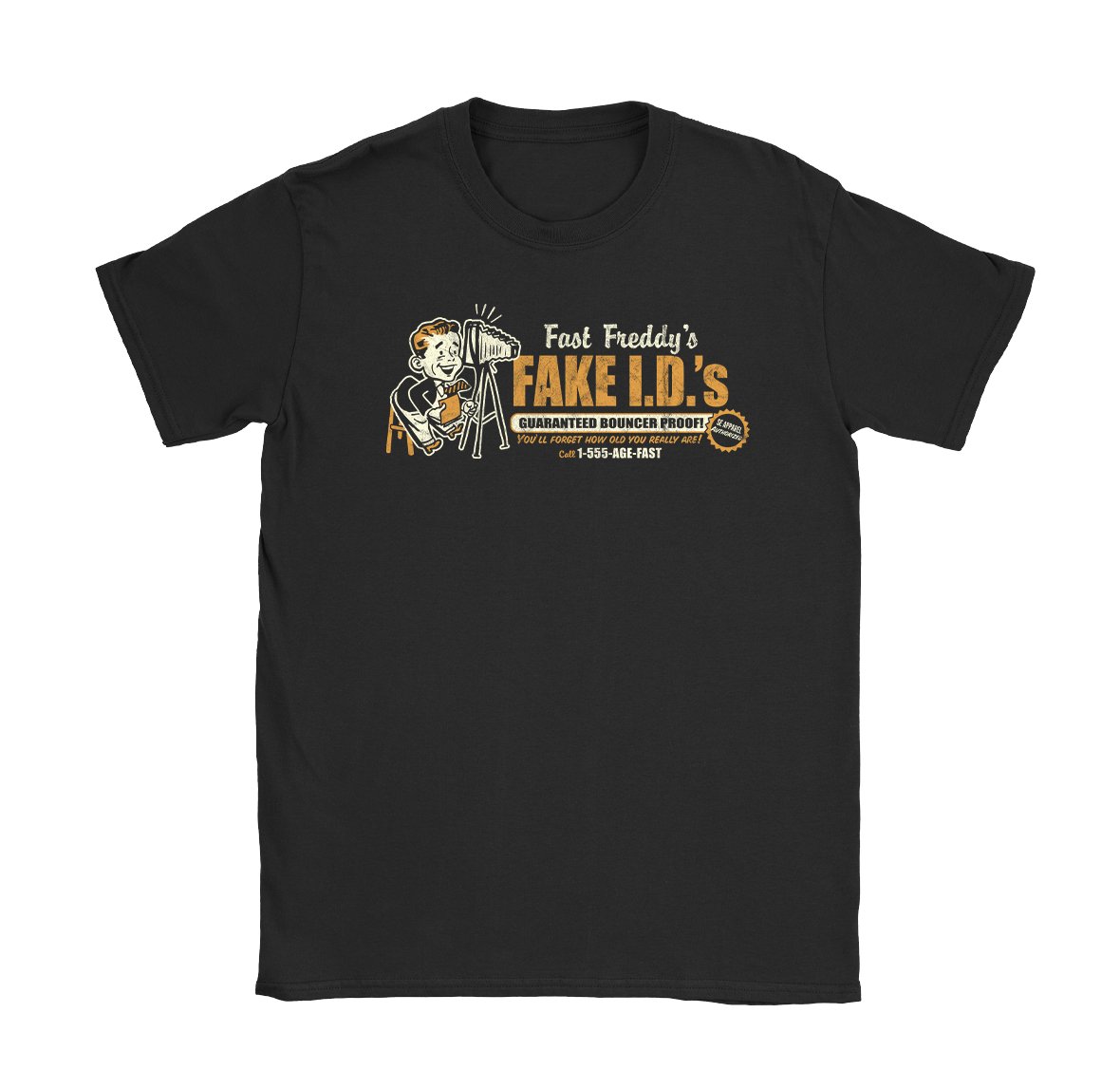 Fast Freddy's Fake I.D.'s T-Shirt - Black Cat MFG -